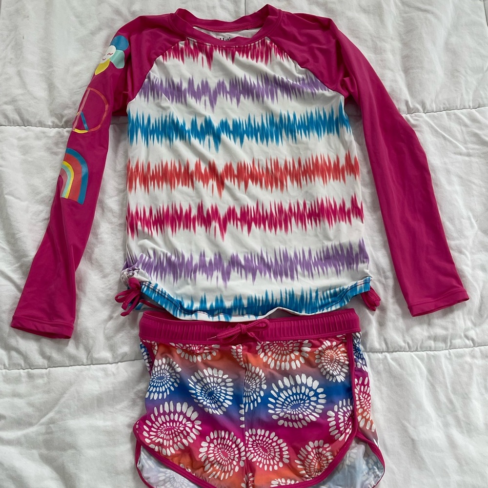 Hatley Pink Girls Rashguard Swim Set with Wavy Stripes